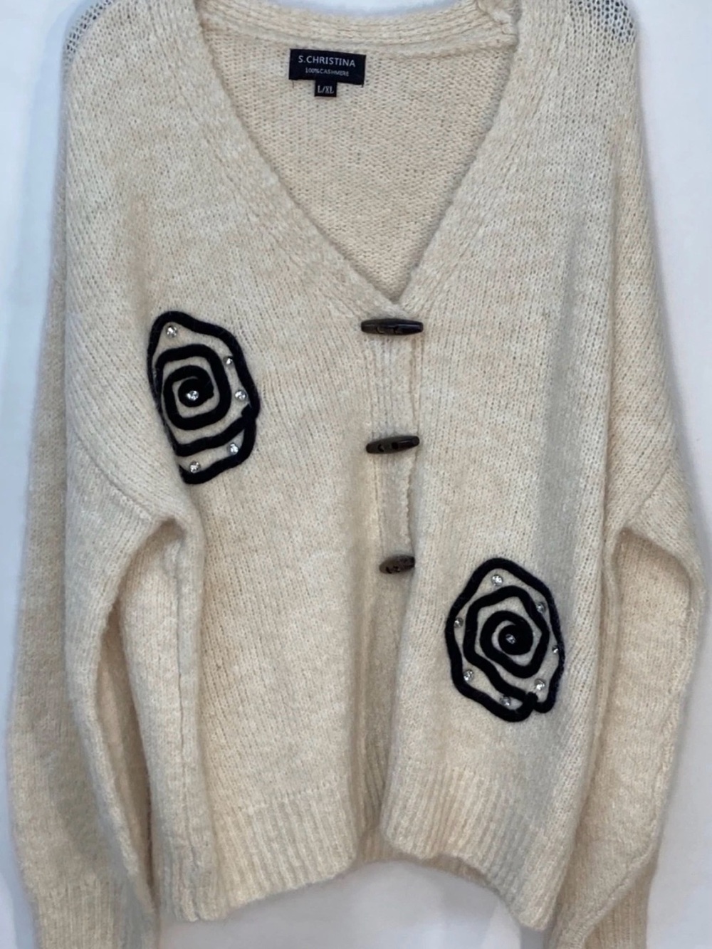 Christina Cashmere Cream V-Neck Button Cardigan with Black Floral Appliqués